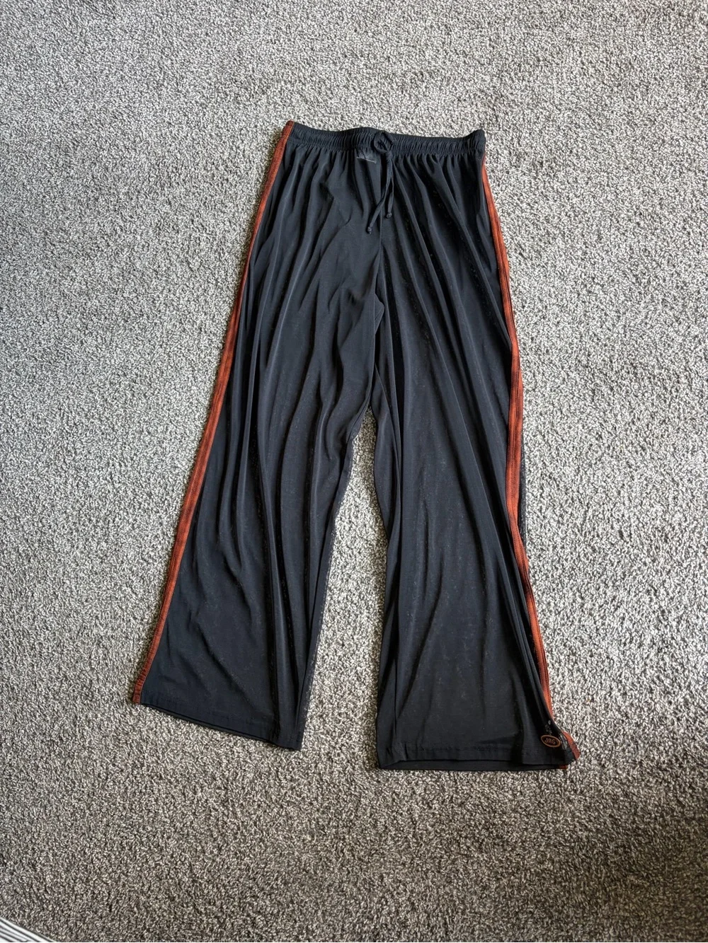 Jag Mesh Black Wide-Leg Track Pants with Rust Side Stripe Made in USA